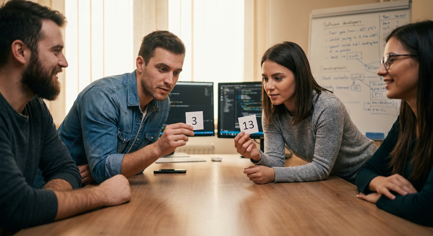 Planning poker cards showing wide vote spread — team disagreeing on story point estimates