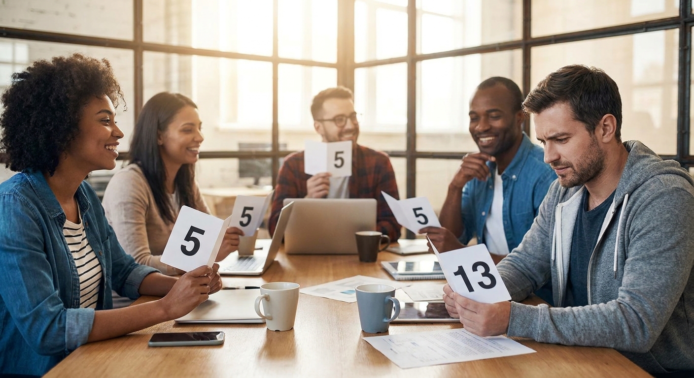 Team voting identical story point cards in planning poker — anchoring and groupthink visualized